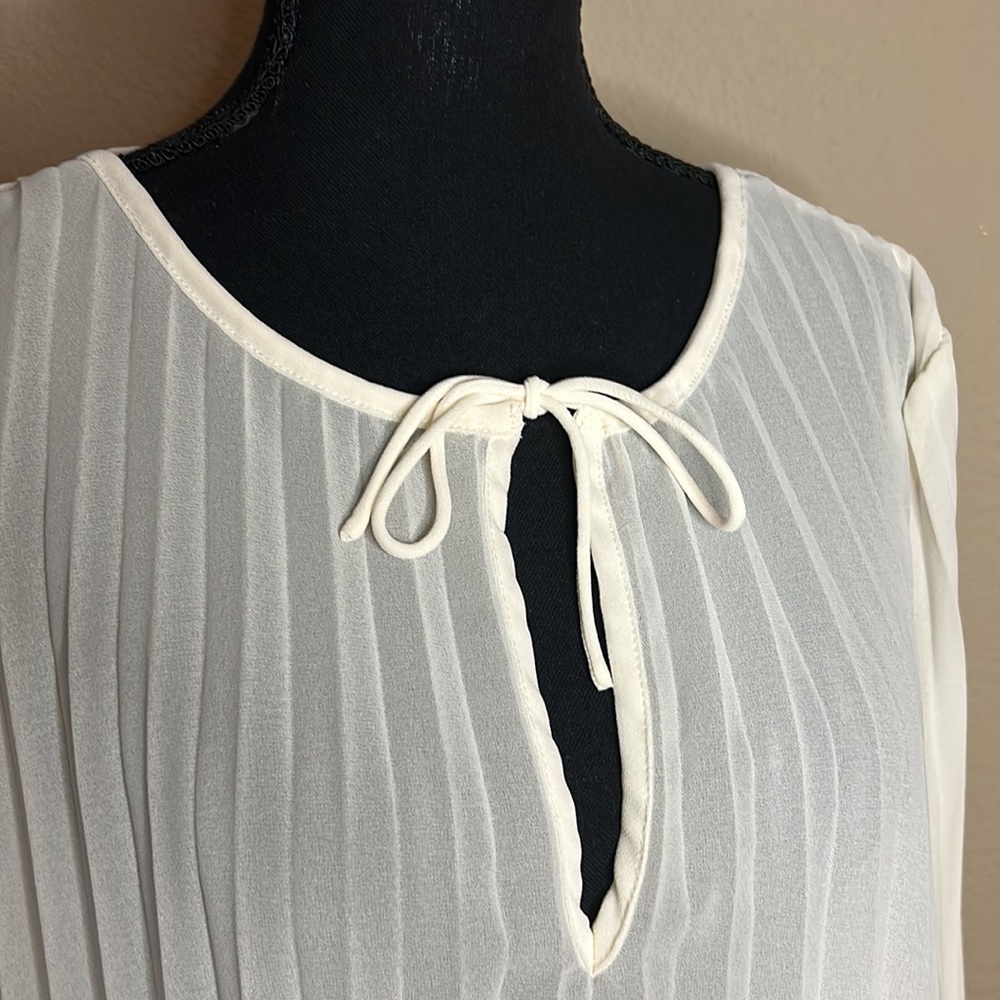 Cream Pleated Chiffon Long-sleeve Blouse - Picture 4 of 6